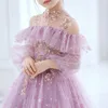 愛らしい紫色のスパンコールボールガウンの花の女の子のドレス王女の薄い長袖のアップリケジュエルネック幼児の誕生日パーティーガウン