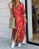 가을 맥시 드레스 여성을위한 롱 셔츠 드레스 체인 인쇄 옷깃 넥 파티 드레스 캐주얼 긴 소매 대형
