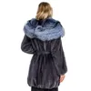 Women's Fur & Faux Natural Coat Blue Color With Big Hat For Women Belt Real Parka Thick Warm Winter OvercoatWomen's Women'sWomen's