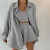 3st kvinnor kort set casual outfit Summer Solid Cotton Clothing Turn-Down Collar Long Sleeve Shirt Tank Top Shorts Set CX220420