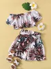 Conjunto de pantalones cortos con cintura paperbag y top con estampado tropical y hombros descubiertos para niñas ELLA