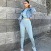 Winter Women Sport Fitness 2 Two Piece Set Outfits Long Sleeve Crop Tops Tshirt Leggings Pants Set Bodycon Tracksuits Women's 220517