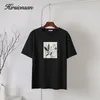 Hirsionsan Abstrakte Einfache Gedruckt T Shirt Frauen Übergroßen Harajuku Baumwolle Graphic Tee Sommer Kurzen Ärmeln Weibliche Tops 220628