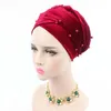 Abbigliamento etnico Velluto di alta qualità Avvolge la testa per le donne Sciarpa turbante invernale con perle Perline Foulard Cofano Cappello africano Turbante Mujer