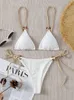 Sexy Bikini Set Bonito Branco Liso Anel Linked Spaghetti Strap Triângulo Thong Biquini Swimsuit Swimwear Mulheres Banhos De Banho B0 220408