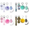 4 piece t Fashion Defense Keychains Set Pompom Alarm Keychain Läppstiftshållare och armband för kvinnor män Självförsvarsnyckelring