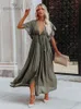 Sexy Deep Vneck Butterfly Sleeve Self Belted High Waist Button Front Open Summer Beach Dress WhiteTunic Women Beachwear Q1208 220527