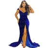 Glitter Royal Blue Lades Mermaid Prom Dresses Off Shoulder Leg Side Split lange formele avondjurken Glanzende optocht speciale gelegenheid jurk voor vrouwen