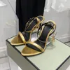 stilettklack sandaler damsko Modedesigner blå Satin Guld hänglås Klänning skor Äkta smalband högklackade dam sandalskor 35-42