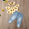 Baby Summer Clothing Fashion Kids Girl Off Shoulder Tops Sunflower Shirt Ripped Denim Jeans 3Pcs Outfits Set 6M 4T 220620