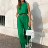 Ootn streetwear bawełniany lniany zbiornik O-Neck Summer Crop Top Fashion 2 sztuki zestawy elastyczne talia szerokopasmowe spodnie nogawkowe Kobiety