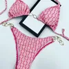 여자 섹시 비키니 세트 섬유 편지 체인 디자이너 인쇄 수영복 레이디 백리스 비치 수영복