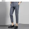 Koreaanse mode zomer enkel lengte heren pak broek casual mannelijke slanke fit rimpel klassieke zwarte broek mannelijke bodems 210412