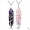 Pendentif Colliers Pendentifs Bijoux Andmade Fil De Cuivre Enveloppé Arbre De Vie Collier Pierre Naturelle Cristal Rose Améthyste P Dhcgs