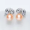 Zircon Leaf Ear Studs Natural Freshwater Pearl Earrings White Purple Pink Lady/Girl Fashion Jewelry