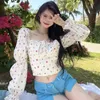 Kvinnors blusar skjortor Summer Floral Ties Sweet Blus för kvinnor koreanska stil toppar smala sexiga skjortor