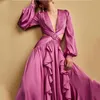 Ellafads kvinna klänning hög midja vneck kvinnors klänning veckad solid färg rufsade klänningar för kvinnor 220705