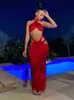 Женщины сексуальные Halter Halter Halter Hollow Out Bodycon Party Club Вечернее Красное длинное платье 2022 Летняя одежда Оптовая торговля предметами Y220413