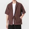 Summer Men, linho de algodão Harajuku camisas 2022 Summer masculino camisetas listradas soltas, cinto de estilo chinês Kimono Cardigan L220706