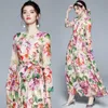 Banulin Runway Maxi Dresses Summer Women Floral Print Sashes Robe Femme Boho Holiday Big Swing Chiffon Long Dresses + Scarf 220516