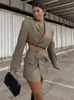 2022 Retro One Button Short Women Blazer Croped High midja Oregelbundet Cross Sexig Slit Mini Kjol Långärmning Suits 2 Pieces Set T220729