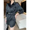 New Black Turn Down Collar With Belt Bag Dress Loose Casual Button T Shirt Women Fashion Ladies Dresses