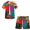 夏のファッションメンズスーツ抽象アートパターン3D Tシャツプリントラペル半袖シャツビーチショーツハワイアンメンズスーツ2PCS 220624