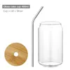 US STOCK 16oz Sublimation Glass Tumblers With Straw And Bamboo Lid Can Shaped Clear Frosted Beer Mugs Iced Coffee Soda Cups