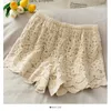 New fashion women's beach shorts summer holiday crochet lace hollow out floral elastic waist shorts solid color