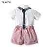 Top and Summer Kids Baby Boy Formal Suit Short Sleeve with Shirt+Suspender Pants Casual Clothes Outfit Gentleman Set 2PCS 220507