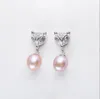 8-9-10mm Crystal Fox Ear Studs Dingle Chandelier Natural Freshwater Pearl Earrings White Purple Pink Lady/Girl Fashion Jewelry