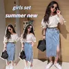 Vestiti per ragazze adolescenti Set Camicia bianca con maniche a sbuffo Gonna di jeans 2 pezzi Completo Abbigliamento per bambini Estate Kids Boutique Abiti G220509