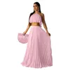 Women Two Piece Dress Sets Summer Skirt Set Outfits Sexy Sleeveless Halter Neck Crop Top Pleated Long Skirts Suits