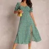 Femmes manches courtes bouffantes fente robes mi-longues Vintage vert Floral longues dames élégant Boho imprimer Robe de soirée Femme 220616