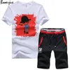 Summer Men Set Casual Print Cartoon People Pattern Fitness Male Tracksuit Clothing T Shirt Shorts Moletom Masculino 2020 LJ201124