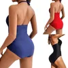 Traje de baño para mujer Traje de baño sin mangas para mujer Color puro Halter Sin espalda Tie Up Hollow Out Slim Fit Beach Romper Casual Simple Body S