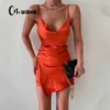 CNYISHE Dos Nu Néon Orange Jaune Sling Dress Femmes Col En V Sexy Ruché Robes Femme Élégant Satin Parti Femmes Vêtements Robes 220511
