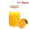 USA/CA Warehouse Sublimation 16oz Glasbecher mit Bambusdeckel Wiederverwendbare Strohbierdose Transparente, gefrostete Becher Becher Sodadosenbecher