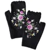 Fem fingrar handskar Y166 Kvinnor Vinter Stickade Fingerless Floral Bee Broderi Thumbholle Mittens