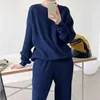 Waffel Casual Anzug frauen Neue Frühling/Herbst Dünne Lange Hülse Lose Pullover Breite Bein Leggings Zwei-stück set Plus Größe Hoodies T220726