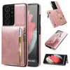 Shockproof Phone Cases for Samsung Galaxy S21 S20 Note20 Ultra Pure Colour PU Leather Dual Buckle Stand Protective Case with Zipper Coin Purse and Card Slots