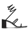 トップデザインRenescaovillas Cleo Crystal Sandals Shoes Nappa Satin Mid-Heeightブロックヒールスパイラルラップサンダリアウェディングパーティードレスイブニング