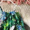 Summer Runway Hydrangea Floral Printed Green Strapghetti Strap Dress Women Beach Boho Puff Sleeve Kne Length Dress 2022