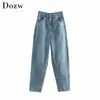 Women Fashion High Waist Mom Jeans Streetwear Button Fly Long Denim Harem Pants Stylish Pockets Ladies Trousers 210515