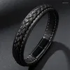 Link Bracelets Chain Fashion Men's Bracelet Black Red Green Blue Leather Wristband Stainless Steel Magnetic Buckle Charm Jewelry
