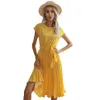 Bohemian vestidos casuais tripulação pescoço bolinhas MIDI vestido de verão modesto para mulheres manga curta com cinto