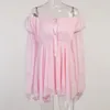 Vestidos de fiesta para mujer Gasa Un hombro Vestido irregular Corsé con cordones Traje Princesa dulce Temperamento Primavera Verano Manga de pétalo Mini falda de hada con corsé