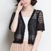 Women's Knits & Tees Retro Women Knitted Cropped Sweater Tops Summer V Neck Short Sleeve Casual Lace Korean Knitwear Cardigan Thin Hollow Ou