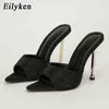 Eilyken Blue High Heel tofflor Summer Fashion Crystal Design Point Toe Slides Women Mules Pumpar STOR STORLEK 35 42