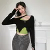 Tonngirls Y2k Vintage Tshirt Grunge Tie Dye Crop Tops 2piece Women Casual Camis Tshirt Streetwear Long Sleeve Lace Up Tee Top 220816